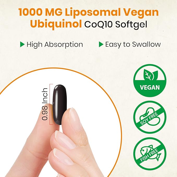 1000mg Liposomal CoQ10 Ubiquinol, 120 Vegan Softgels, High Absorption Ubiquinol CoQ10 Supplement, Active Antioxidant Form of Coenzyme Q10 for Heart Function & Energy Production