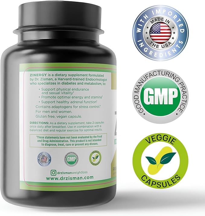 Dr. Zisman ZINERGY Natural Energy & Vitality Support – All-Natural Formula for Men and Women – Enhances Energy Levels & Hormonal Balance – 60 Premium Capsules