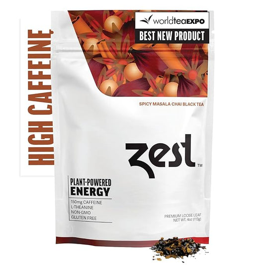 Zest 150mg High Caffeine Energy Loose Leaf Blend - Spicy Masala Chai Black Tea - 4 Oz - All Natural Strong Flavored Healthy Coffee Alternative Highly Caffeinated Substitute - Perfect for Keto Diet
