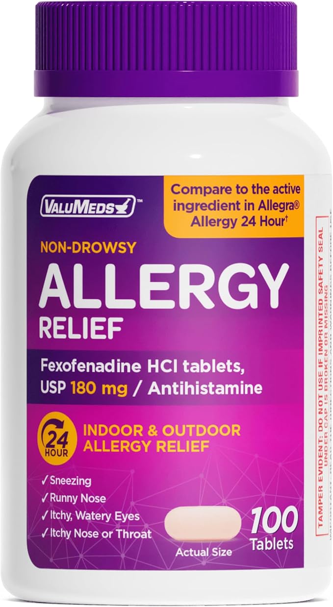 ValuMeds | Compare to Allegra | Fexofenadine HCl 180mg | 24-Hour Allergy Relief, Non-Drowsy Antihistamine Generic Medicine for Allergies, Hay Fever, Itchy Eyes | for Kids & Adults (100 Count)