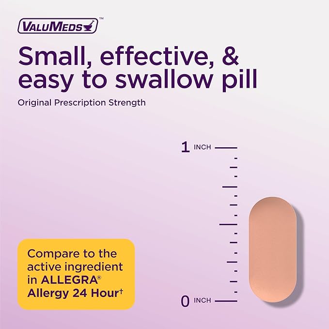 ValuMeds | Compare to Allegra | Fexofenadine HCl 180mg | 24-Hour Allergy Relief, Non-Drowsy Antihistamine Generic Medicine for Allergies, Hay Fever, Itchy Eyes | for Kids & Adults (100 Count)