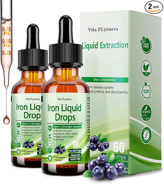 2 Pack Liquid Iron Supplement for Women Men & Kids, Vegan Iron Drops with Vitamin C D, B12, B-Complex, High Potency Liquid with Multivitamin for Anemia, Energy Support, Magnesium Iron Gentle