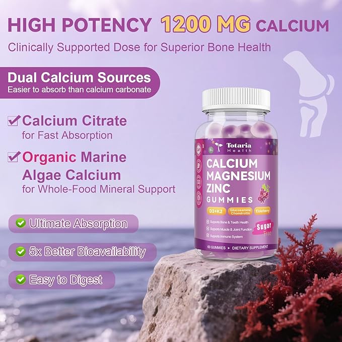 2 PCS Sugar Free Calcium Magnesium Zinc Gummies for Women Men, 19-in-1 Ultimate Absorption Calcium 1200 mg with Vitamin D3 K2 w/Boron, B12, Ashwagandha, for Bone, Teeth, Immune, Joint, Calm, Vegan
