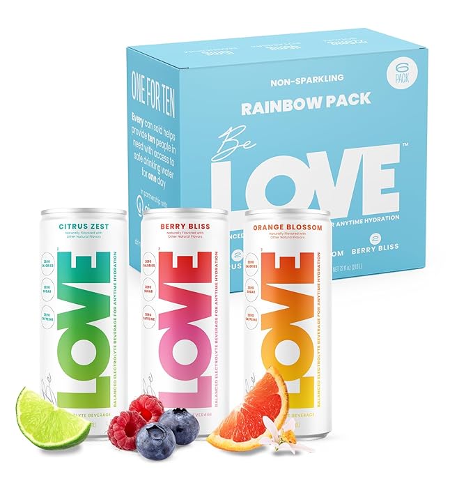 Be LOVE Balanced Electrolyte Beverage 6-Pack - Magnesium, Potassium & Sodium for Daily Hydration - Zero Sugar, Gluten Free - Berry Bliss, Citrus Zest, Orange Blossom (12oz / 6ct)