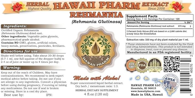 Rehmannia Liquid Extract, Organic Rehmannia (Rehmania Glutinosa) Tincture, Herbal Supplement, Hawaii Pharm, Made in USA, 4x4 fl.oz