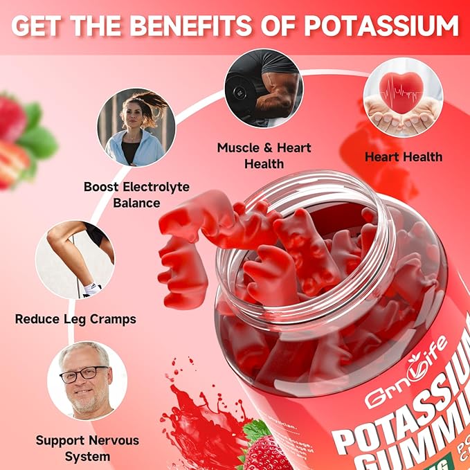 Potassium Gummies for Adults, Potassium Chloride Gummies 1200mg Support Leg Cramps & Electrolyte Balance, Strawberry Flavor 60 Count
