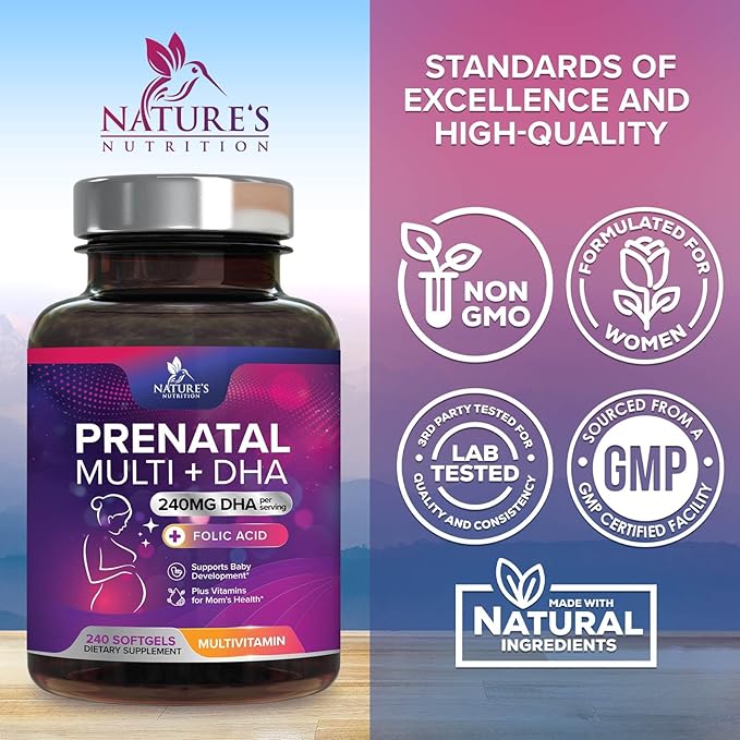 Prenatal Vitamins for Women with Folic Acid + Omega 3 DHA for Fetal Brain Development, Best Prenatal Vitamin Supplement, Daily Pregnancy Multivitamin Nutritional Support, Non-GMO - 240 Softgels