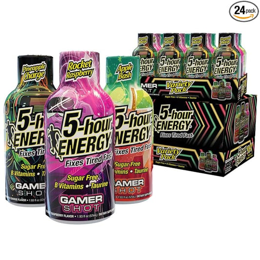 5-Hour Energy Gamer Shots Variety Pack, 24 Count (1.93 fl oz) - Extra Strength Apple Bash, Rocket Raspberry, Pineapple Charge Flavors