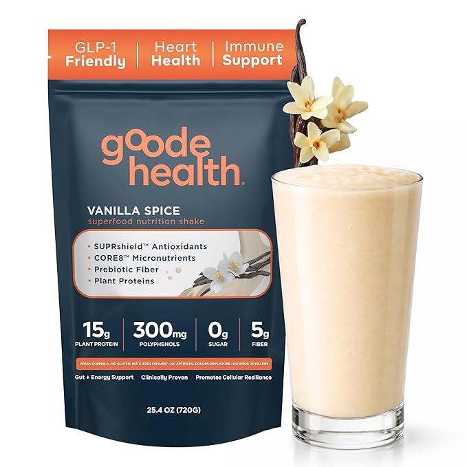 Goode Health Meal Replacement Shake, Vanilla Spice - 15g Plant-Based Vegan Protein Powder - High Fiber Meal Replacement Shake - Dairy Free, Gluten Free, Zero Sugar - GLP-1 Friendly
