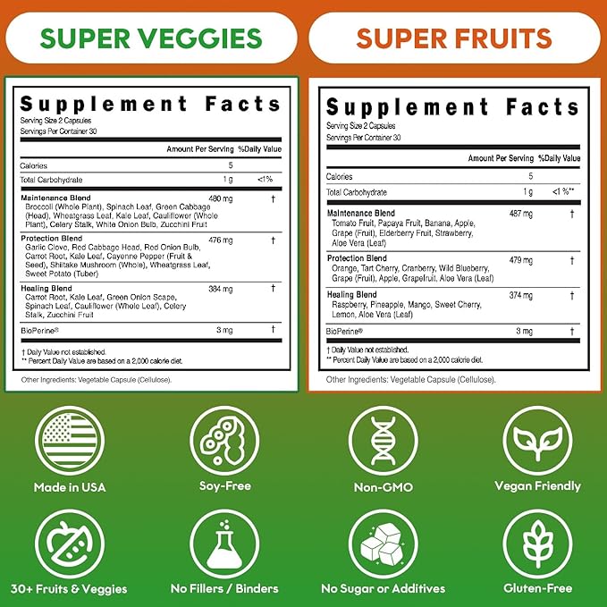 Fruits and Veggies Supplement Powerfull Blend of 39 Whole Fruits and Veggies, Fills Nutritional Gaps, Get Energy, Well-being. USA Made Non-GMO/Vegan/Gluten Free. Packaging May Vary (30 Day Supply)