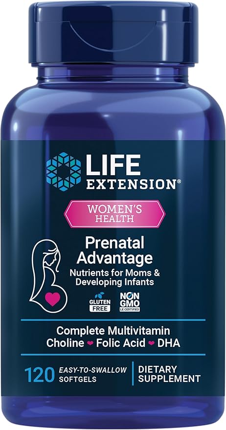 Life Extension Prenatal Advantage, Women’s multivitamin, Baby Support, folic Acid, Choline, omega-3s, Vitamin C, D3, B1, B6, B12, zinc, niacin, Gluten Free, Non-GMO, 120 softgels