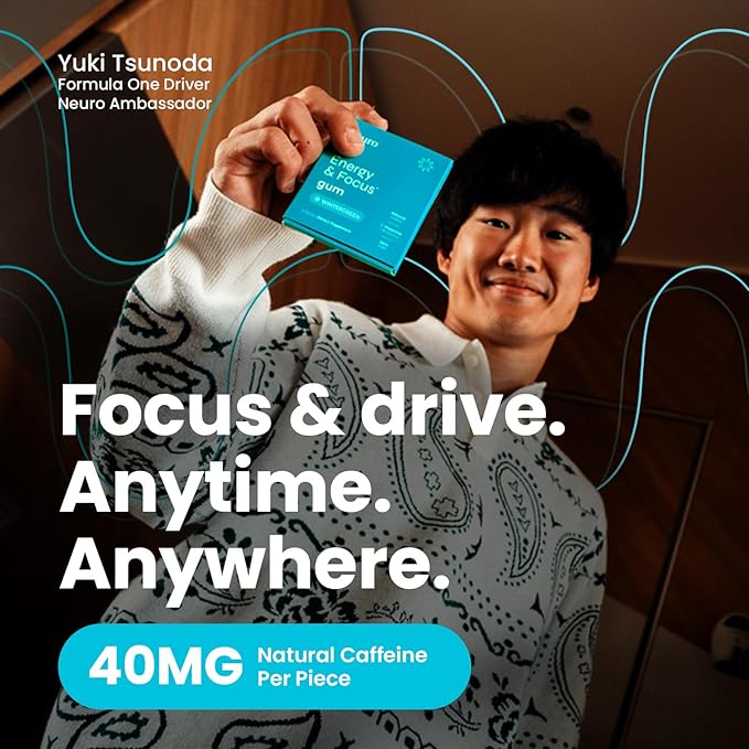 Neuro Energy & Focus Gum - 40mg Natural Caffeine Gum & Nootropic Energy Supplement with L-Theanine & B Vitamins - Sugar Free, Vegan - Wintergreen, 54ct