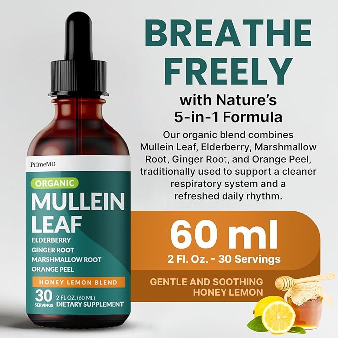 5-in-1 Mullein Drops for Bronchial and Respiratory Support with Mullen Leaf Extract Lung Supplement - Mullein Tincture with Elderberry and Ginger Root, Honey Lemon Flavor (60 Servings, Pack of 2)