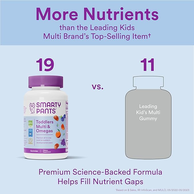 SmartyPants Toddler Multivitamin Gummies: Omega 3 Fish Oil (EPA/DHA), Vitamin D3, C, Vitamin B12, B6, A, K & Zinc, Biotin, Beta Carotene, Gluten Free, Three Fruit Flavors, 90 Count (30 Day Supply)