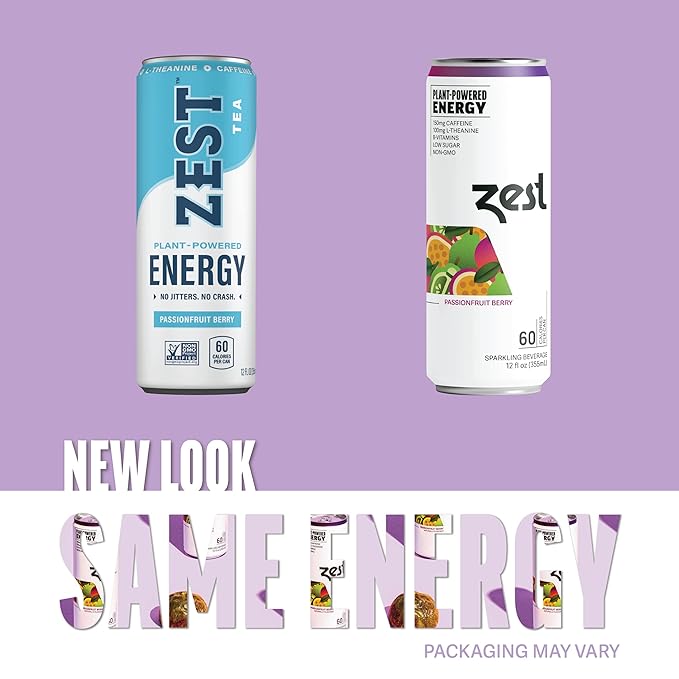 Zest Clean Energy Drink – Passionfruit Berry – 150mg Caffeine + 100mg L-Theanine – Natural Focus & Concentration Boost – Healthy Energy Drink 12oz Can 12 Pack – Low Sugar, No Artificial Sweeteners
