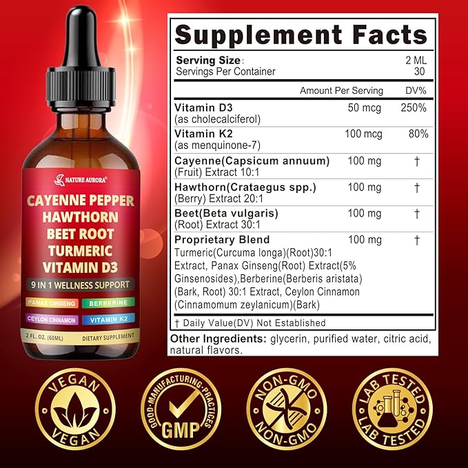9 in1 Cayenne Pepper Liquid Drops - Cayenne Pepper Extract Drops Supplement Liquid + Hawthorn Berry, Beetroot, Turmeric, Vitamin K2 & D3 - Digestion, Immune and Circulation Support - 2 Fl Oz