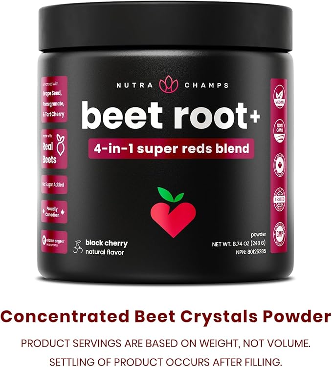 NutraChamps Beet Root Powder Circulation Supplement, Superfood Powder Nitric Oxide with Beetroot Juice, Super Reds & Grape Seed Extract, No Sugar Beet Supplement - 8.74 Oz