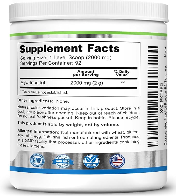 Zazzee Myo-Inositol Powder, 3 Month Supply, 92 Servings, 2000 mg per Serving, Free Scoop for Exact Dosage, 6.49 Ounces, 100% Pure, All-Natural Fertility and Reproductive Support, Vegan, Non-GMO