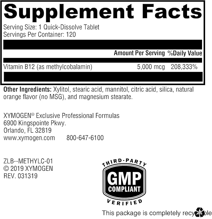 XYMOGEN Methylcobalamin 5,000 mcg - Vitamin B12 Supplement in Small, Pleasant-Tasting Tablets - Supports Healthy Methylation, Neurological Health, a Healthy Immune System (120 Tablets)