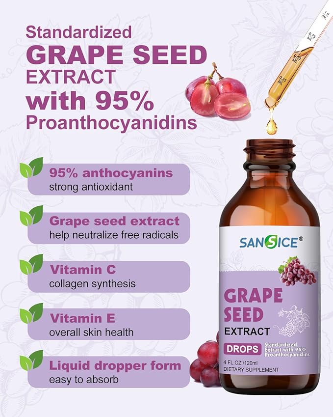 Grape Seed Liquid Drops, Organic Grape Seed Extract Supplement Standardized to 95% Polyphenols, High Absorption Vitis Vinifera Seed Tincture with Vitamin C & E, Alcohol Free, Non-GMO (4 FL OZ)