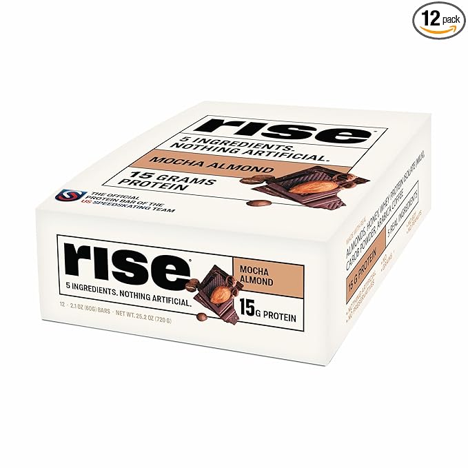 Rise Whey Protein Bars - Mocha Almond | Breakfast Bar & Protein Snack 15g Protein 4g Fiber Just 5 Whole Food Ingredients Gluten-Free Soy Free