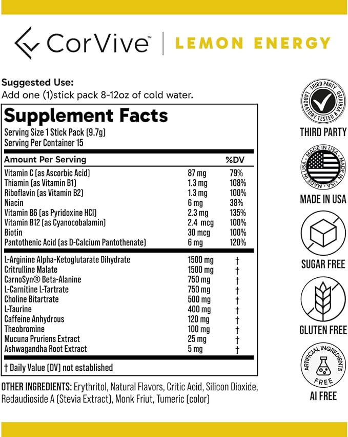 Energy | Natural Energy & Focus Supplement | with Carnosyn®, Ashwagandha, L-Arginine, Theobromine | Zero Sugar, 5 Calories, 120mg Caffeine | 15 Stick Packs for Mental & Physical Boost | Lemon