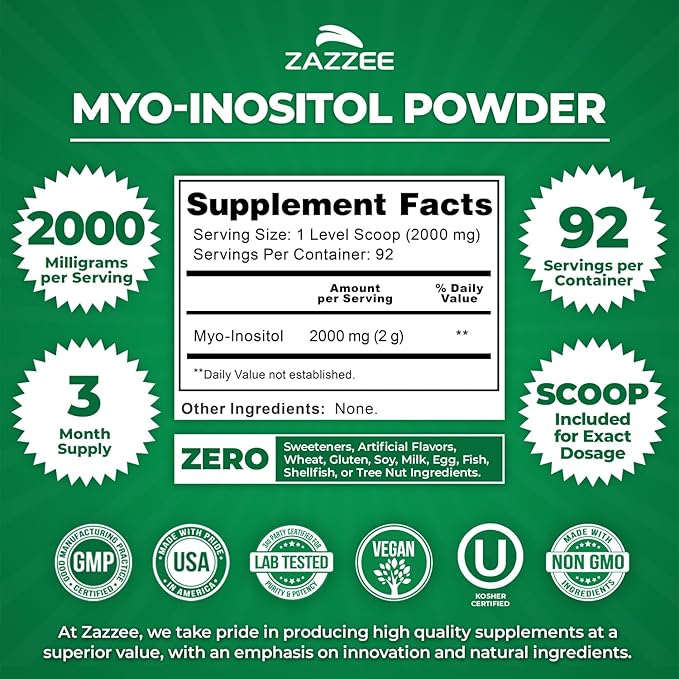 Zazzee Myo-Inositol Powder, 3 Month Supply, 92 Servings, 2000 mg per Serving, Free Scoop for Exact Dosage, 6.49 Ounces, 100% Pure, All-Natural Fertility and Reproductive Support, Vegan, Non-GMO