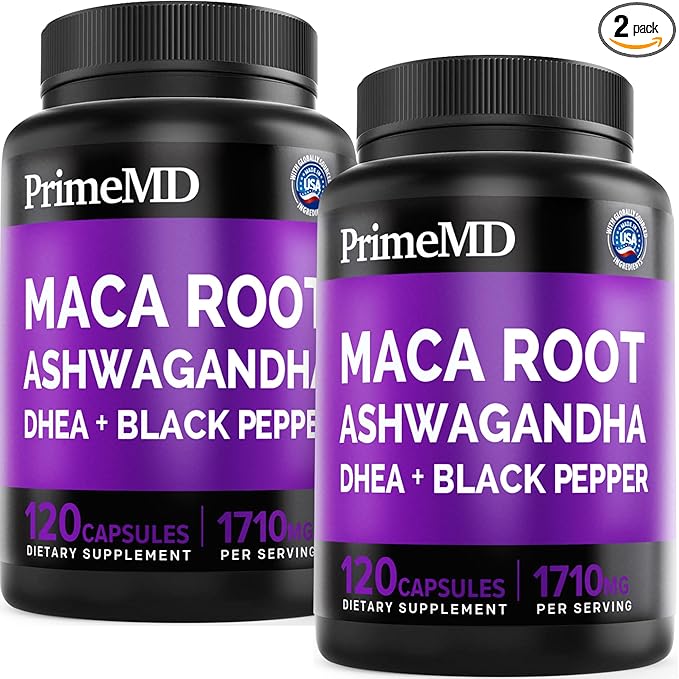 6-in-1 Organic Maca Root Ashwagandha Capsules 1710mg with DHEA and Black Pepper Fruit Extract for Women and Men - Black Maca Supplement for Stamina, Bone and Mood Support Supplement, 120ct (Pack of 2)