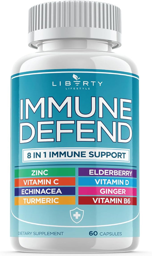 8 in 1 Immune Defense Support, Immunity Capsules Supplement with Echinacea Zinc 50mg, Vitamin C, D3 5000 IU, Turmeric Curcumin & Ginger, Echinacea - for Kids Adults (1 Pack)