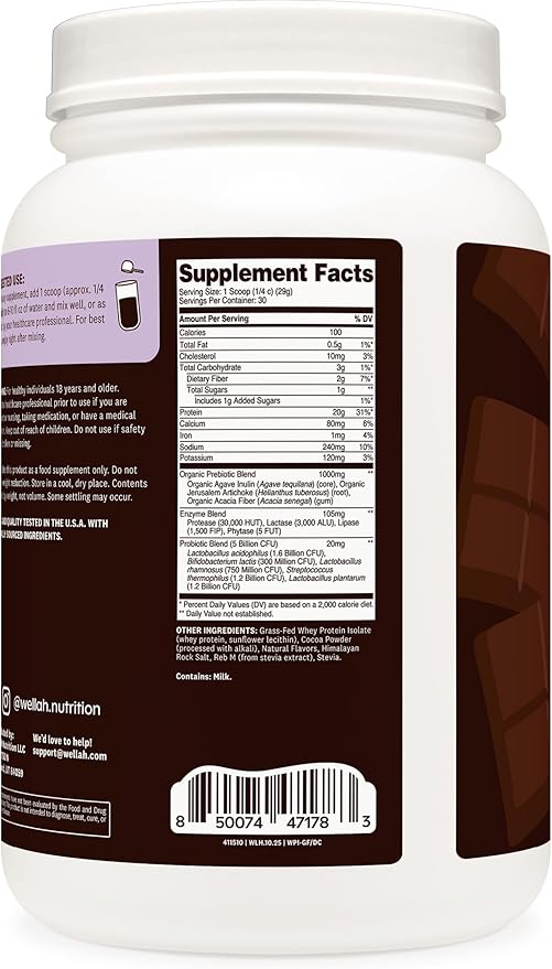 Wellah Grass-Fed Whey Protein Isolate Powder (Dark Chocolate) 30 Servings - with Prebiotics, Enzymes & Probiotics, 20g of Protein, 100 Calories, Naturally Sweetened