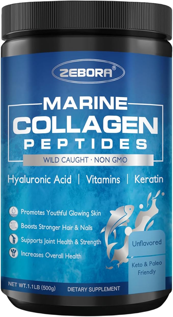 ZEBORA Marine Collagen Peptides Powder 50 Servings - Wild Caught Hydrolyzed Fish Collagen with Hyaluronic Acid, Keratin, Multivitamins - Collagen for Women Support Skin Hair Nail Joint, Keto Friendly