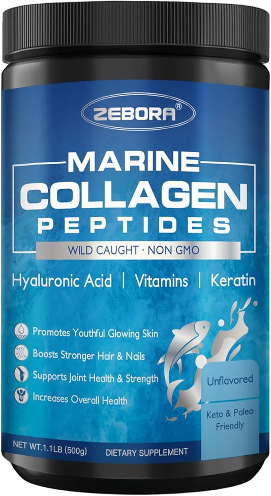 ZEBORA Marine Collagen Peptides Powder 50 Servings - Wild Caught Hydrolyzed Fish Collagen with Hyaluronic Acid, Keratin, Multivitamins - Collagen for Women Support Skin Hair Nail Joint, Keto Friendly