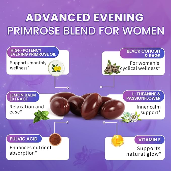 2 Pack Evening Primrose Oil Complex for Women – Hormone Wellness with Cold-Pressed EPO, 10% GLA, Sage, Fulvic Acid, L-Theanine – Cyclical Balance, Mood, Skin & Immune Health, 180 Softgels