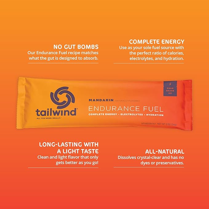 Tailwind Nutrition Endurance Fuel, Sports Drink Powder Single Serving with Electrolytes, Non-GMO, Free of Soy, Dairy, and Gluten, Vegan-Friendly, Mandarin Orange, Pack of 12