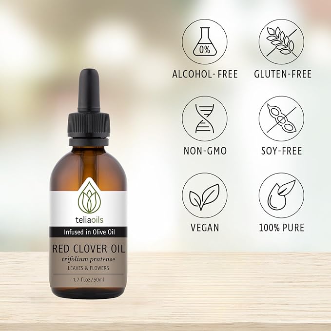 Teliaoils Red Clover Extract Infused in Olive Oil – Macerated Herbal Oil for Skin Elasticity, Anti-Aging Hair Health Women’s Wellness – 1.7 Oz (50ml)