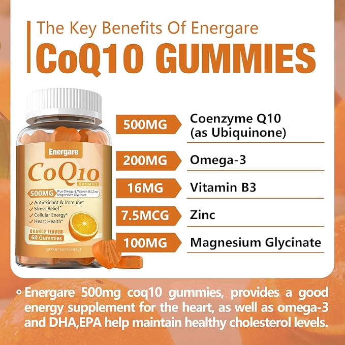 2 Packs CoQ10 500MG Gummies - 3X Better Absorption Coenzyme Q10 Supplements - Plus Omega-3, Magnesium, Vitamin B3 & Zinc for Heart Health, Cellular Energy & Antioxidant, 120 Cts