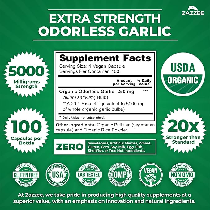 Zazzee USDA Organic Odorless Garlic 20:1 Extract, 5000 mg Strength, 100 Vegan Capsules, 3+ Month Supply, Standardized, Concentrated 20X Extract, 100% Vegetarian, All-Natural, Non-GMO, Made in The USA