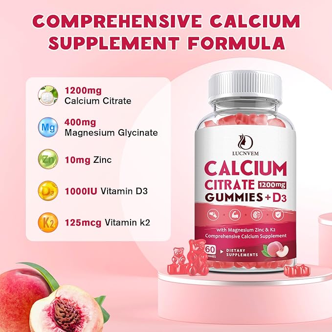 (2 Pack) Calcium Citrate 1200mg with Vitamin D3 Supplements Gummies for Women & Men, Calcium Gummies with Vitamin D3 K2, High Absorption for Bone Muscle Healthy- Peach Flavor- 60 Day Supply
