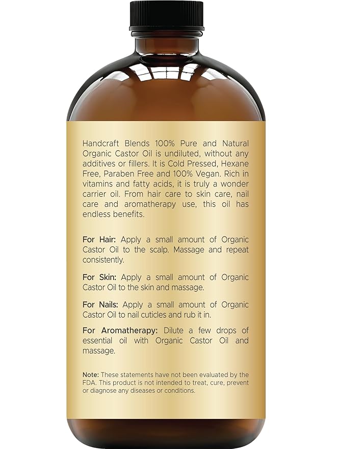 Handcraft Blends Cold-Pressed Organic Castor Oil 16 Fl Oz | Glass Bottle | 100% Pure and Natural | Premium Grade Carrier Oil | Hair, Eyelashes and Eyebrows | Hair and Body
