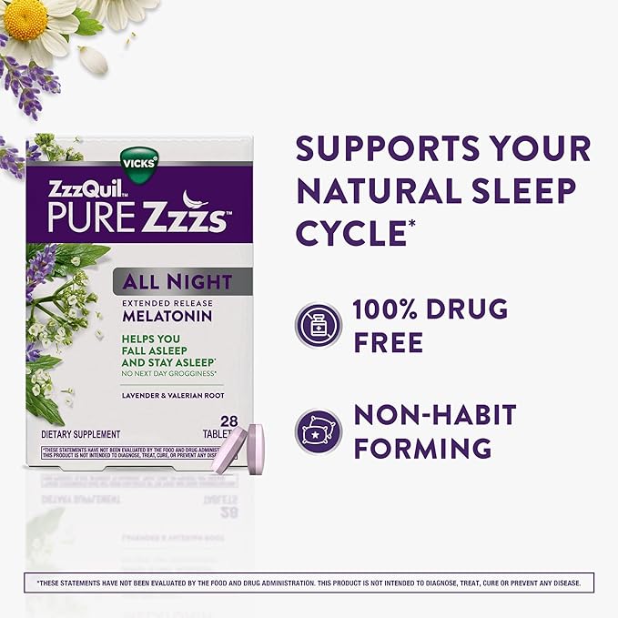 ZzzQuil PURE Zzzs All Night Extended Release, Melatonin Sleep Aid Tablets, Helps You Stay Asleep Longer, Sleep Aid for Adults, 2 mg per tablet, 56 Total Tablets (2 Packs of 28)