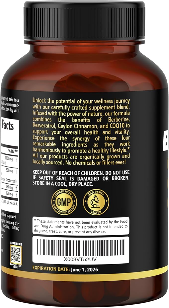 4-in-1 Berberine Supplement 1160mg (180 Caps) w/ 180mg COQ10, 380mg Resveratrol & 120mg of Ceylon Cinnamon –3rd Party Tested– Berberine w/Ceylon Cinnamon Supplements –Max Purity– CO Q 10