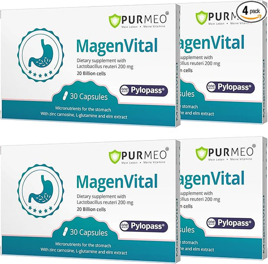 4 Pack MagenVital Pylopass H. Pylori Treatment Probiotics - 1 Per Day - Gastritis, Acid Reflux, Heartburn, Stomach Lining Repair - Lactobacillus Reuteri DSM17648 - Made in Germany