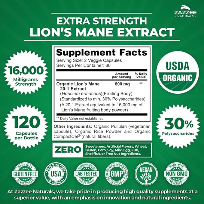 Zazzee USDA Organic Lion's Mane 20:1 Extract, 30% Polysaccharides, 16,000 mg Strength, 120 Vegan Capsules, Nootropic for Brain Health, Focus, Memory, Concentration and Immune Support, Made in The USA
