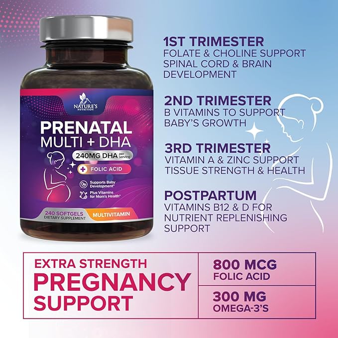 Prenatal Vitamins for Women with Folic Acid + Omega 3 DHA for Fetal Brain Development, Best Prenatal Vitamin Supplement, Daily Pregnancy Multivitamin Nutritional Support, Non-GMO - 240 Softgels