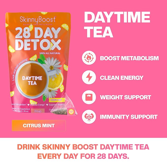Skinny Boost Detox Tea Kit Slimming Tea for Weight, Metabolism, Energy, Bloating & Colon Cleanse – Green Tea, Herbal, Vegan, Keto, Non-GMO, Sugar-Free-4 PACK –1 Daytime (28 Bags) + 1 Evening -(14 Bags)