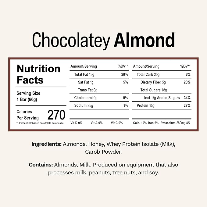 Rise Whey Protein Bars - Chocolatey Almond | Breakfast Bar & Protein Snack 15g Protein 5g Fiber Just 4 Whole Food Ingredients Gluten-Free Soy Free