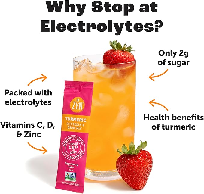 ZYN Electrolyte Drink Mix Hydration Packets, Strawberry Yuzu Electrolytes Powder, Hydration Packets w/Turmeric Curcumin, Vitamin C & D, Zinc, Hydrate & Recover Electrolyte Powder, Pack of 32
