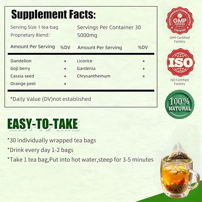 30 Organic Dandelion Detox Tea Bags,Dandelion Wolfberry Tea,Support Kidney & Liver Health,Chinese Herbal Tea Blend Goji Berry Chrysanthemum for Cleanse and Detox, All-Natural