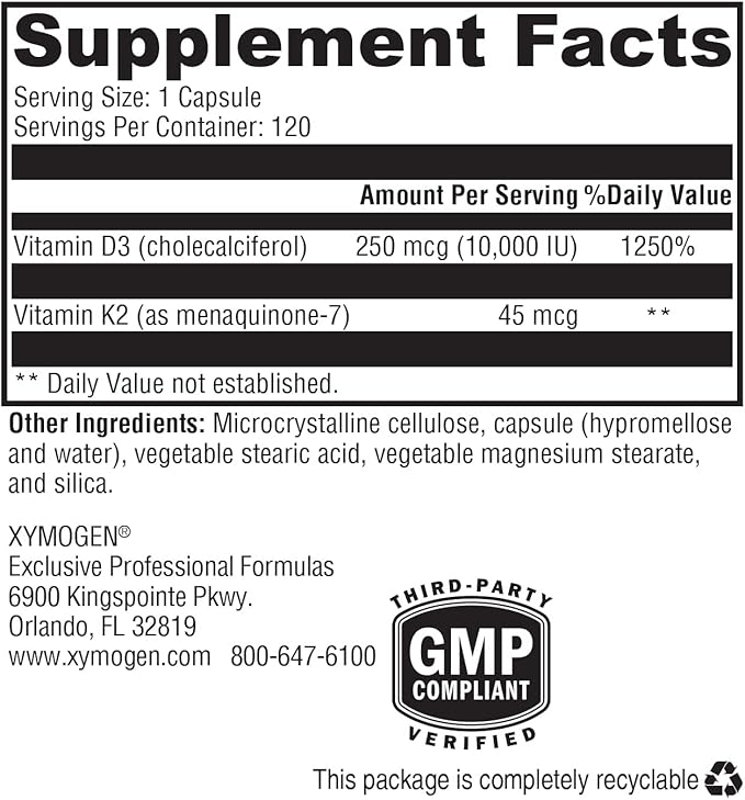 XYMOGEN K2-D3 10000 - Vitamin D3 K2 - Bioavailable Vitamin D 10,000 IU (Cholecalciferol) with MK-7 - Heart, Arterial, Bone Health + Immune Support Supplement (120 Capsules)