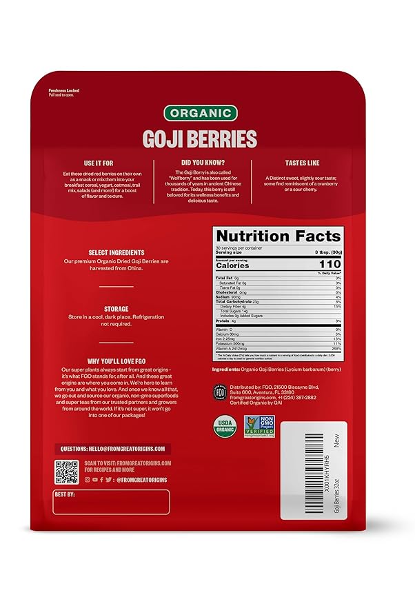 FGO Organic Goji Berries, Large & Chewy, from Ningxia, 32oz (Pack of 1)
